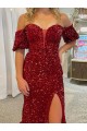 Rouge Fourreau Épaule Dénudée Traîne moyenne Paillettes Velours Longue Robes de bal Pas Cher
