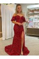 Rouge Fourreau Épaule Dénudée Traîne moyenne Paillettes Velours Longue Robes de bal Pas Cher