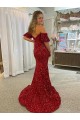 Rouge Fourreau Épaule Dénudée Traîne moyenne Paillettes Velours Longue Robes de bal Pas Cher