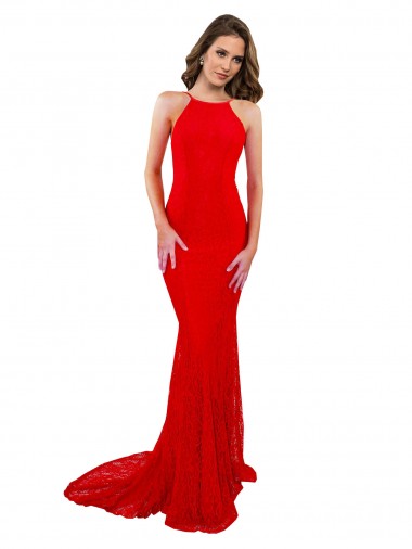 Rouge Sirène Col Haut Dentelle Longue Formelles Robes demoiselle d'honneur / Robes de soirée / Robes de bal Pas Cher
