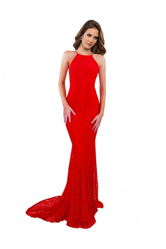 Rouge Sirène Col Haut Dentelle Longue Formelles Robes demoiselle d'honneur / Robes de soirée / Robes de bal Pas Cher