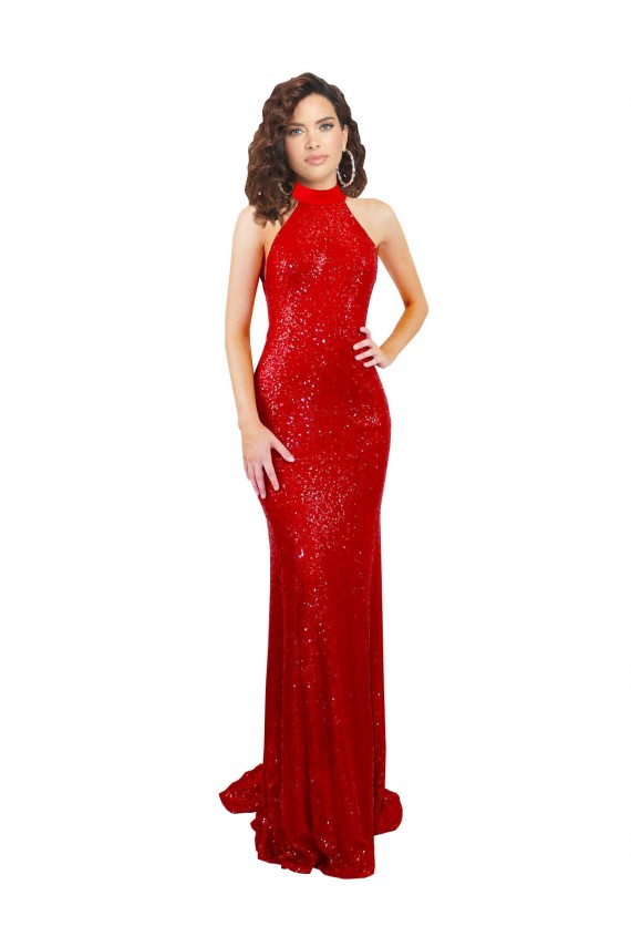 Rouge Sirène Licou Col Haut Paillette Longue Formelles Robes demoiselle d'honneur / Robes de soirée / Robes de bal Pas Cher