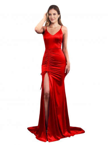Rouge Sirène Satiné Stretch Longue Formelles Robes demoiselle d'honneur / Robes de soirée / Robes de bal Pas Cher