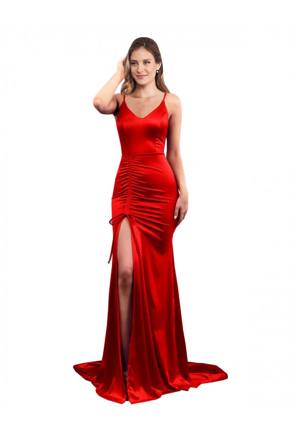 Rouge Sirène Satiné Stretch Longue Formelles Robes demoiselle d'honneur / Robes de soirée / Robes de bal Pas Cher