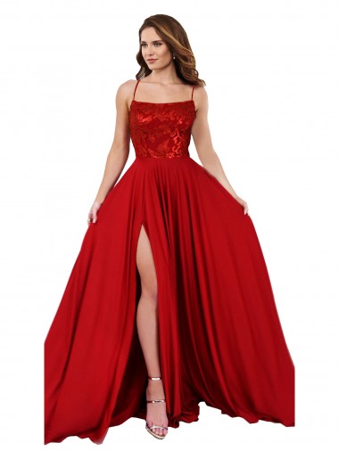 Rouge Trapèze Bretelles spaghetti Col Carré Spandex Dentelle Longue Robes demoiselle d'honneur / Robes de bal Pas Cher