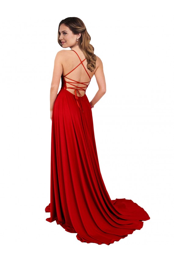 Rouge Trapèze Bretelles spaghetti Col Carré Spandex Dentelle Longue Robes demoiselle d'honneur / Robes de bal Pas Cher