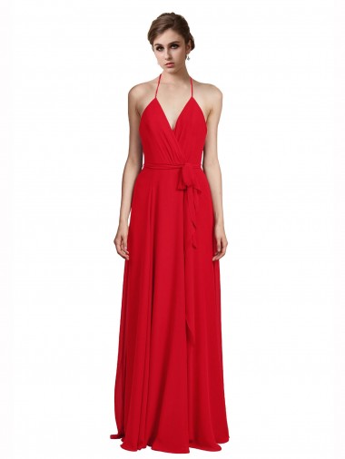 Rouge Trapèze Bretelles spaghetti Col V Mousseline Longue Robes demoiselle d'honneur Pas Cher