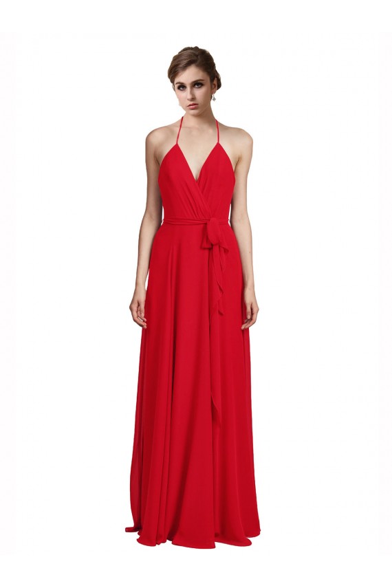 Rouge Trapèze Bretelles spaghetti Col V Mousseline Longue Robes demoiselle d'honneur Pas Cher
