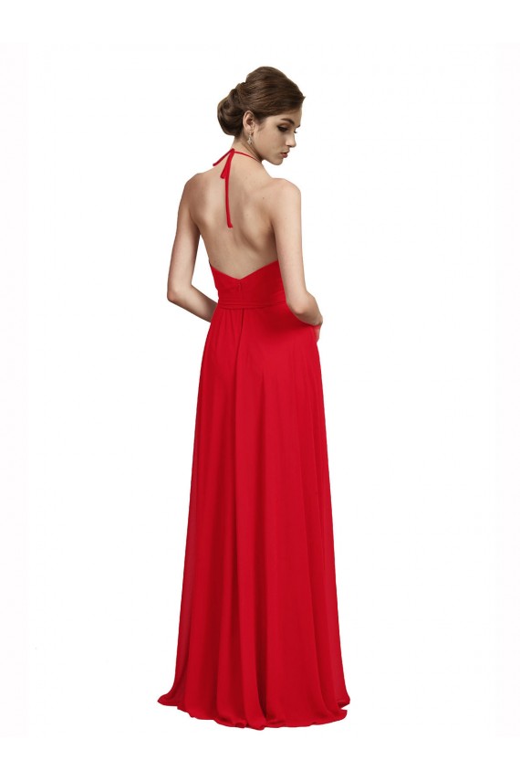 Rouge Trapèze Bretelles spaghetti Col V Mousseline Longue Robes demoiselle d'honneur Pas Cher