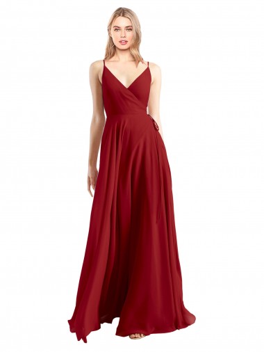 Rouge Trapèze Bretelles spaghetti Col V Mousseline Longue Robes demoiselle d'honneur Pas Cher