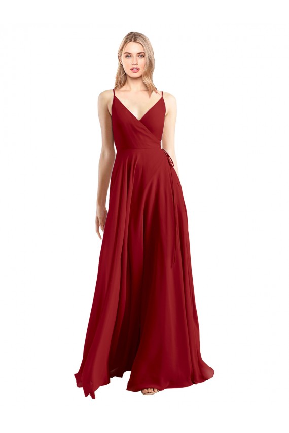 Rouge Trapèze Bretelles spaghetti Col V Mousseline Longue Robes demoiselle d'honneur Pas Cher