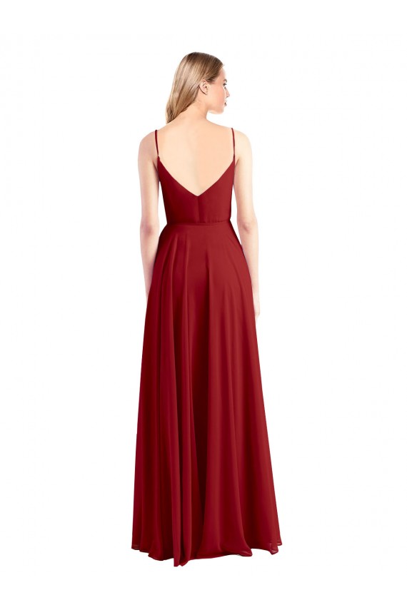 Rouge Trapèze Bretelles spaghetti Col V Mousseline Longue Robes demoiselle d'honneur Pas Cher