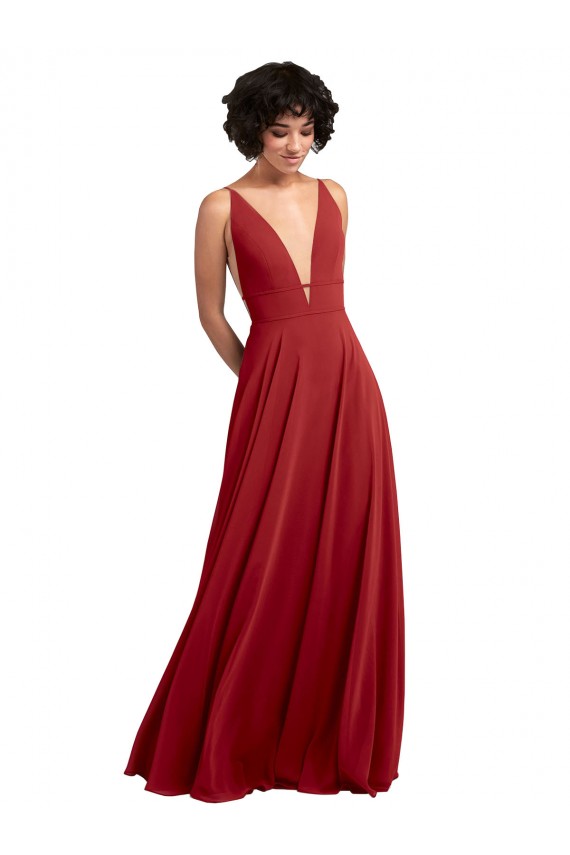 Rouge Trapèze Col V Mousseline Longue Robes demoiselle d'honneur Pas Cher