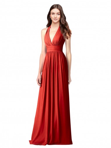 Rouge Trapèze Licou Col V Mousseline Longue Robes demoiselle d'honneur Pas Cher