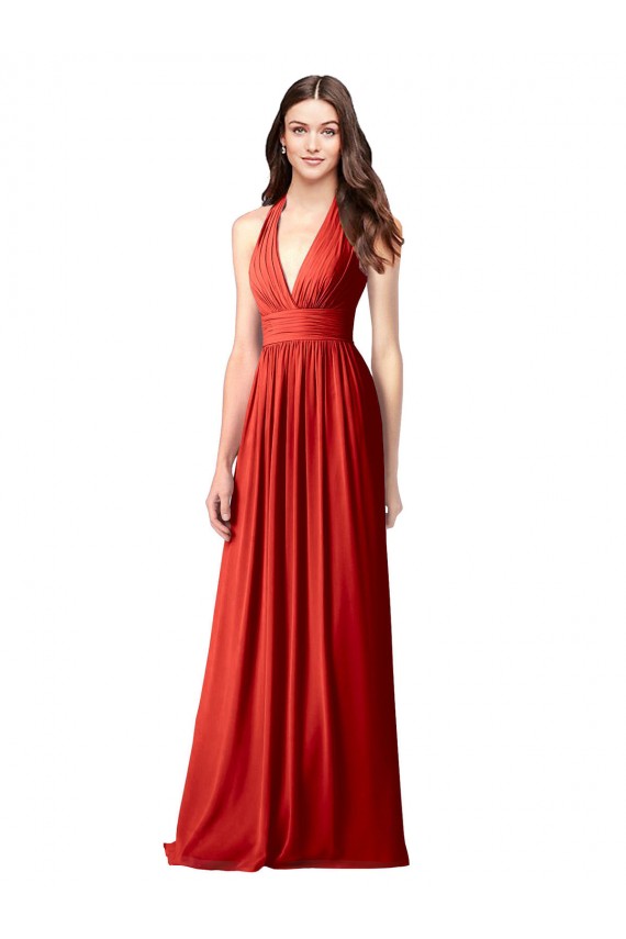 Rouge Trapèze Licou Col V Mousseline Longue Robes demoiselle d'honneur Pas Cher