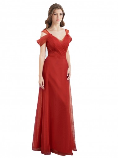 Rouge Trapèze Tulle Longue Robes demoiselle d'honneur Pas Cher