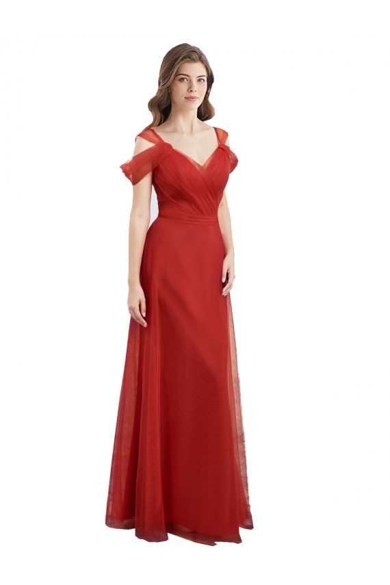 Rouge Trapèze Tulle Longue Robes demoiselle d'honneur Pas Cher