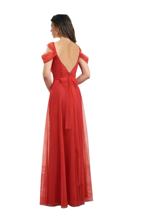 Rouge Trapèze Tulle Longue Robes demoiselle d'honneur Pas Cher