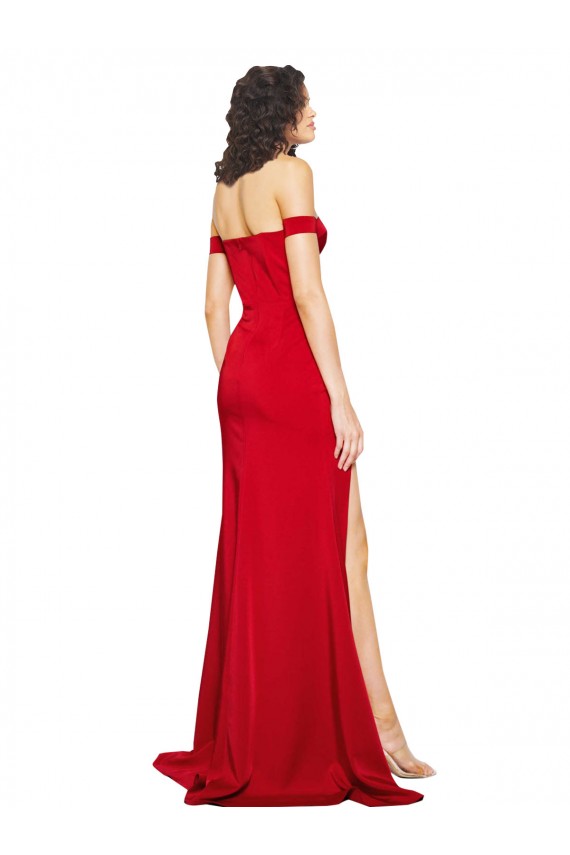 Rouge Trapèze Épaule Dénudée Satiné Soyeux Longue Formelles Robes demoiselle d'honneur / Robes de soirée / Robes de bal Pas Cher