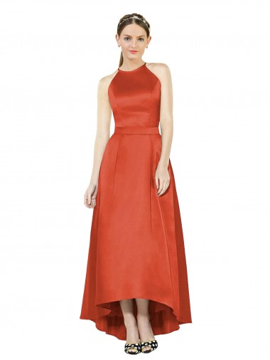 Rouge Épice Trapèze Licou Satiné Longue Asymétrique Robes demoiselle d'honneur Pas Cher