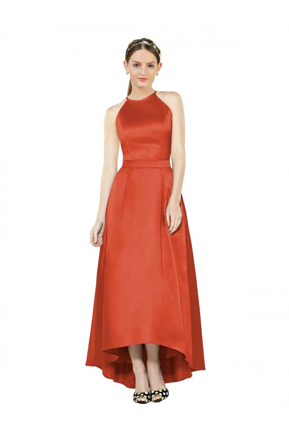 Rouge Épice Trapèze Licou Satiné Longue Asymétrique Robes demoiselle d'honneur Pas Cher