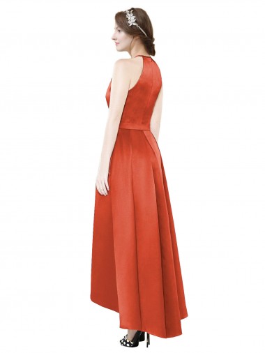 Rouge Épice Trapèze Licou Satiné Longue Asymétrique Robes demoiselle d'honneur