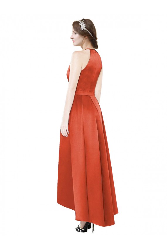 Rouge Épice Trapèze Licou Satiné Longue Asymétrique Robes demoiselle d'honneur Pas Cher