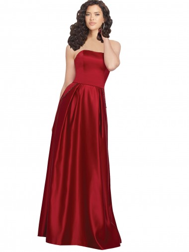 Rouge foncé Trapèze Sans bretelle Satiné Longue Robes demoiselle d'honneur / Robes de bal Pas Cher
