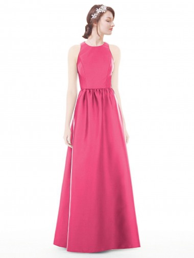 Rubis Trapèze Col bijou Satiné Longue Robes demoiselle d'honneur Pas Cher