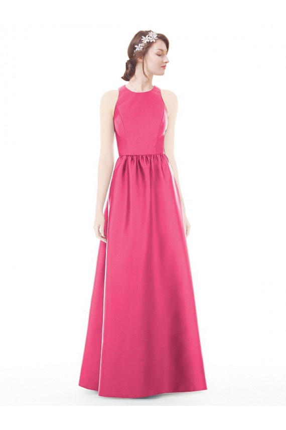 Rubis Trapèze Col bijou Satiné Longue Robes demoiselle d'honneur Pas Cher