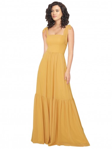 Safran Trapèze Col Carré Mousseline Longue Robes demoiselle d'honneur Pas Cher