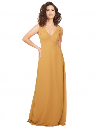 Safran Trapèze Col V Mousseline Longue Robes demoiselle d'honneur Pas Cher