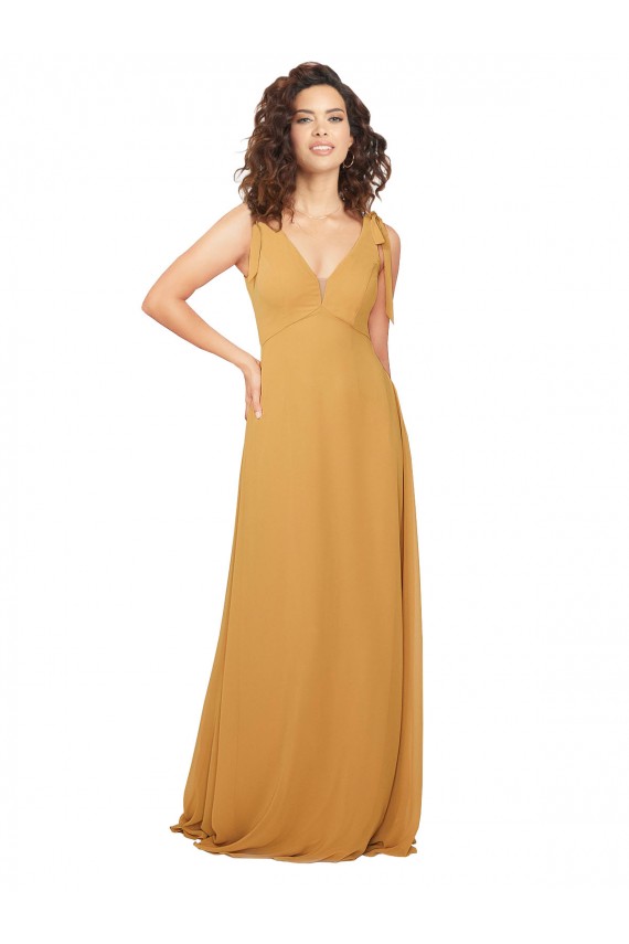 Safran Trapèze Col V Mousseline Longue Robes demoiselle d'honneur Pas Cher