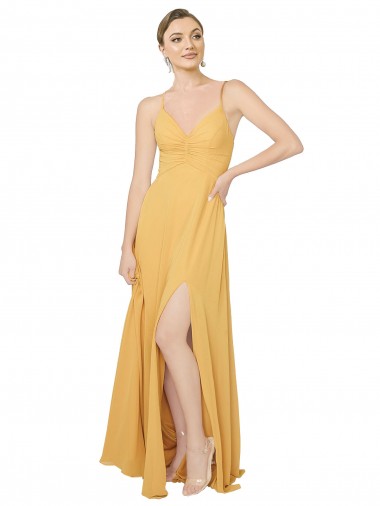 Safran Trapèze Col V Mousseline Longue Robes demoiselle d'honneur Pas Cher