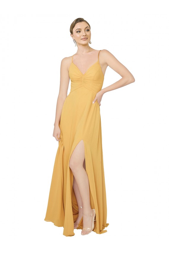 Safran Trapèze Col V Mousseline Longue Robes demoiselle d'honneur Pas Cher