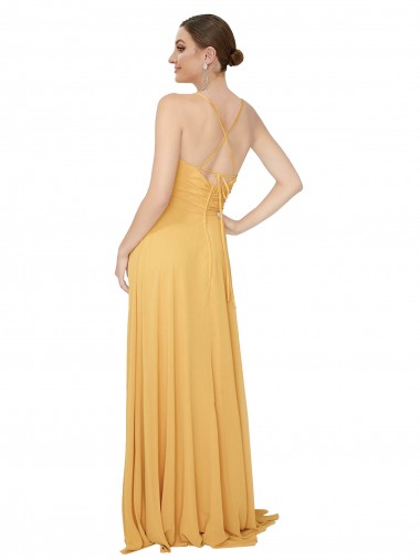 Safran Trapèze Col V Mousseline Longue Robes demoiselle d'honneur