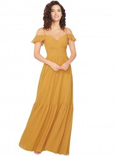 Safran Trapèze Col V Mousseline Longue Robes demoiselle d'honneur Pas Cher