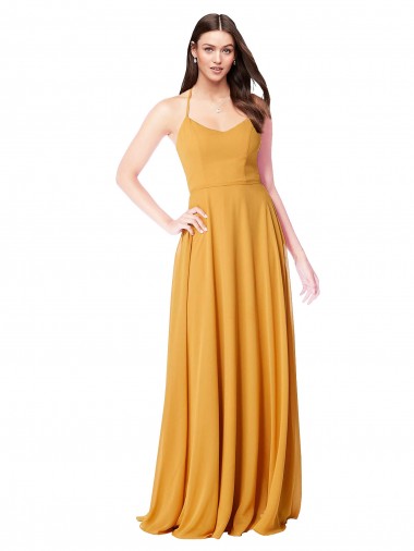 Safran Trapèze Col V Mousseline Longue Robes demoiselle d'honneur Pas Cher