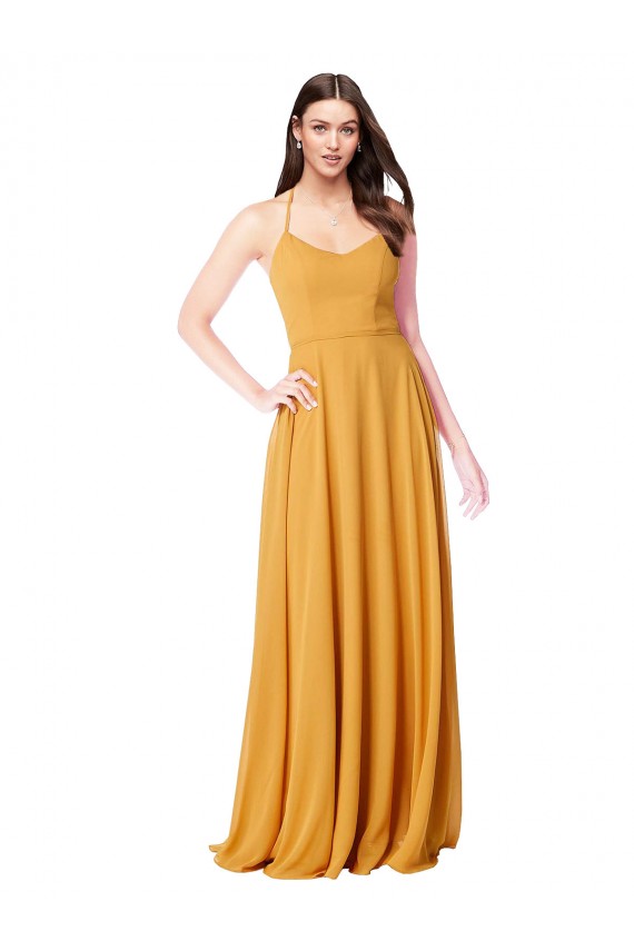 Safran Trapèze Col V Mousseline Longue Robes demoiselle d'honneur Pas Cher