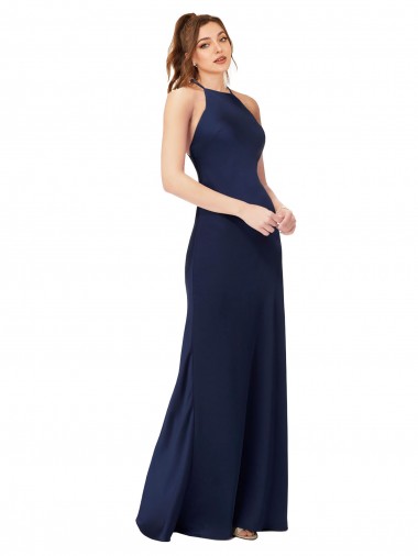 Saphir Fourreau Col Haut Satiné Soyeux Longue Formelles Robes demoiselle d'honneur / Robes de soirée / Robes de bal Pas Cher