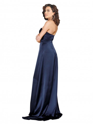 Saphir Trapèze Col Haut Satiné Soyeux Longue Formelles Robes demoiselle d'honneur / Robes de soirée / Robes de bal