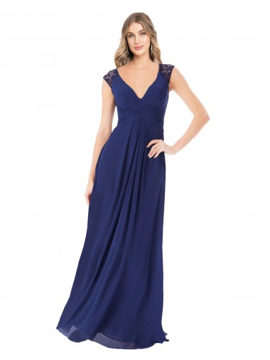 Saphir Trapèze Col V Mousseline Longue Robes demoiselle d'honneur Pas Cher