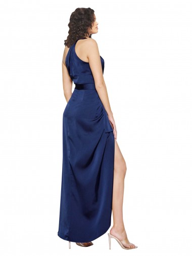 Saphir Trapèze Licou Col Haut Satiné Soyeux Longue Asymétrique Formelles Robes demoiselle d'honneur / Robes de soirée / Robes de bal