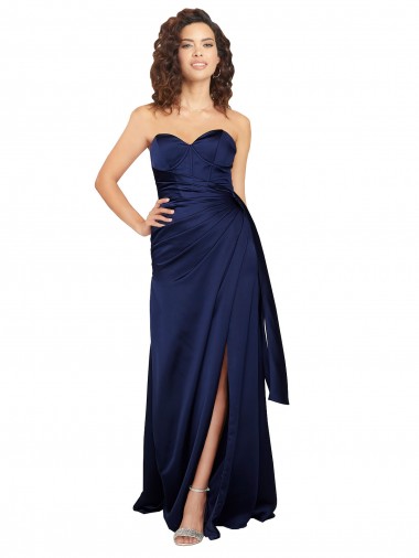 Saphir Trapèze Sans bretelle Satiné Soyeux Longue Formelles Robes demoiselle d'honneur / Robes de soirée / Robes de bal Pas Cher