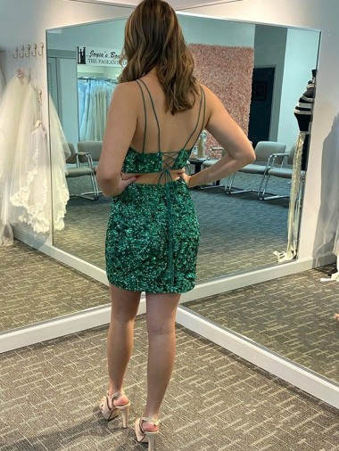 Shamrock Vert Fourreau Col V Courte Paillettes Velours Courte Robes de bal