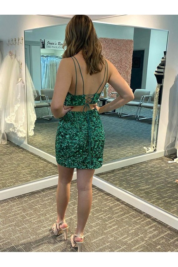 Shamrock Vert Fourreau Col V Courte Paillettes Velours Courte Robes de bal Pas Cher