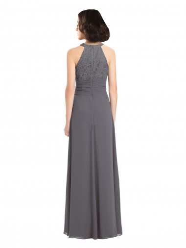 Stormy Silver Trapèze Licou Mousseline Dentelle Longue Robes demoiselle d'honneur