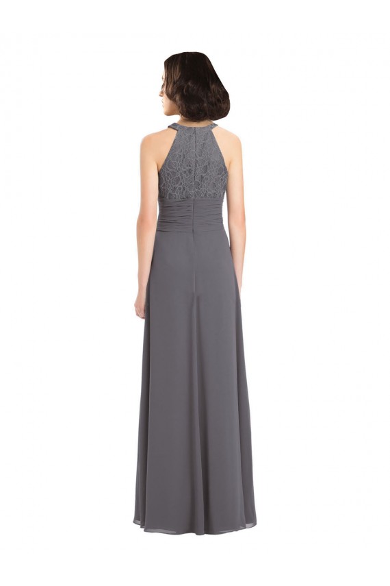 Stormy Silver Trapèze Licou Mousseline Dentelle Longue Robes demoiselle d'honneur Pas Cher