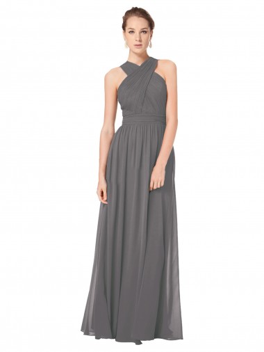 Stormy Silver Trapèze Licou Mousseline Longue Robes demoiselle d'honneur Pas Cher
