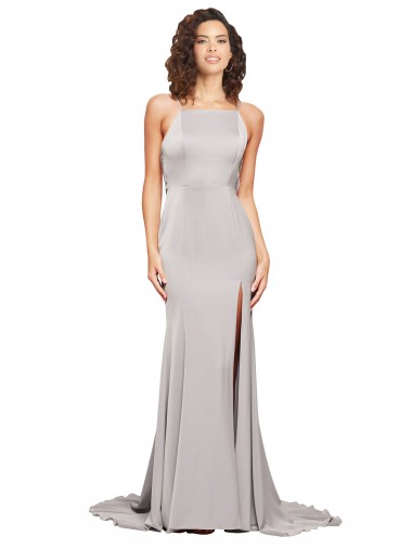 Trapèze Col Haut Balayage train Satiné Stretch Longue Formelles Robes demoiselle d'honneur / Robes de soirée / Robes de bal Pas Cher